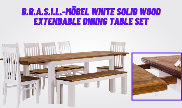 B.R.A.S.I.L.-Mobel White Solid Wood Extendable Dining Table Set